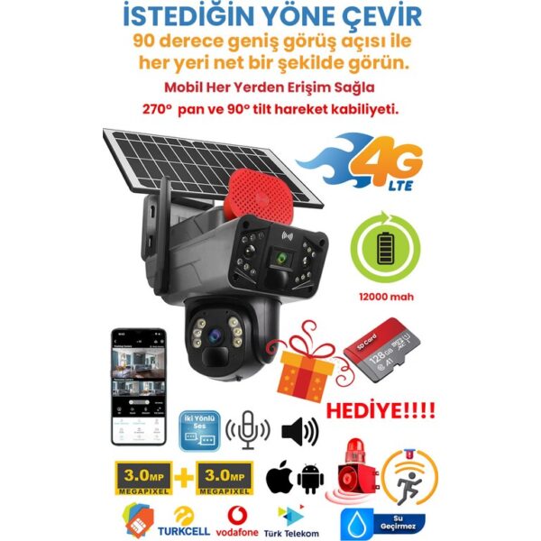 Kadraj Solar Panelli Güneş Enerjili Sim Kartlı 4g 6 mp Çift Lensli Ptz Güvenlik Kamerası - Hareket Algılama 128 GB Sd Kart