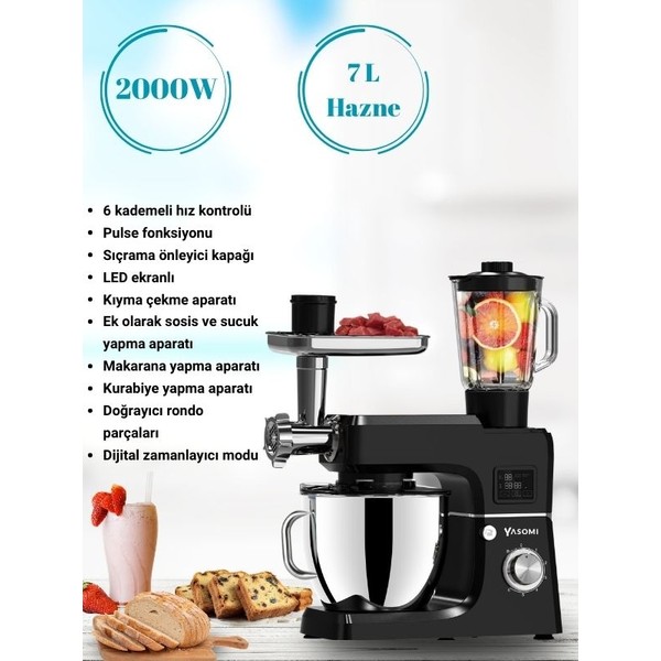 Yasomi Sm 1511BML LED Ekranlı Kıyma Çekme Aparatlı Blender 7 Litre Stand Mikser Mutfak Şefi